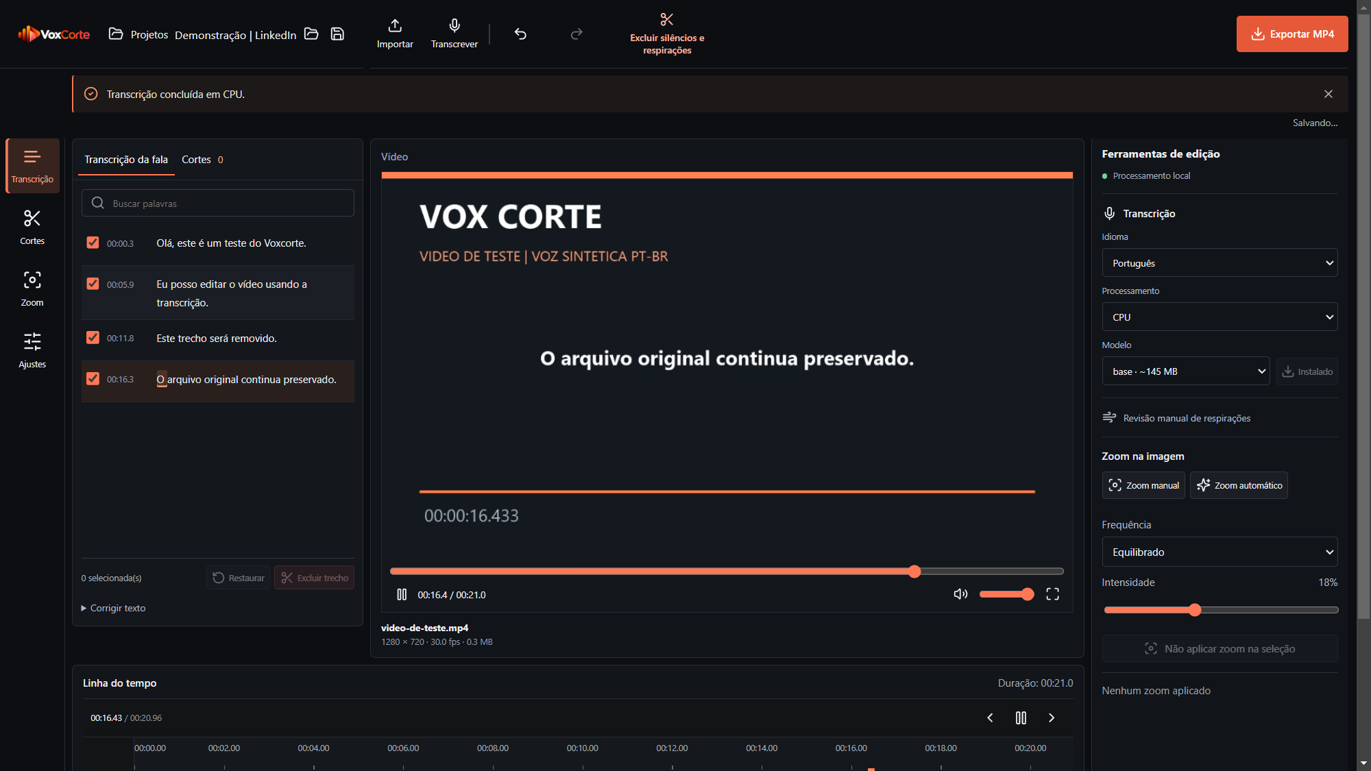 Transcrição real com palavras e timestamps no editor Vox Corte.